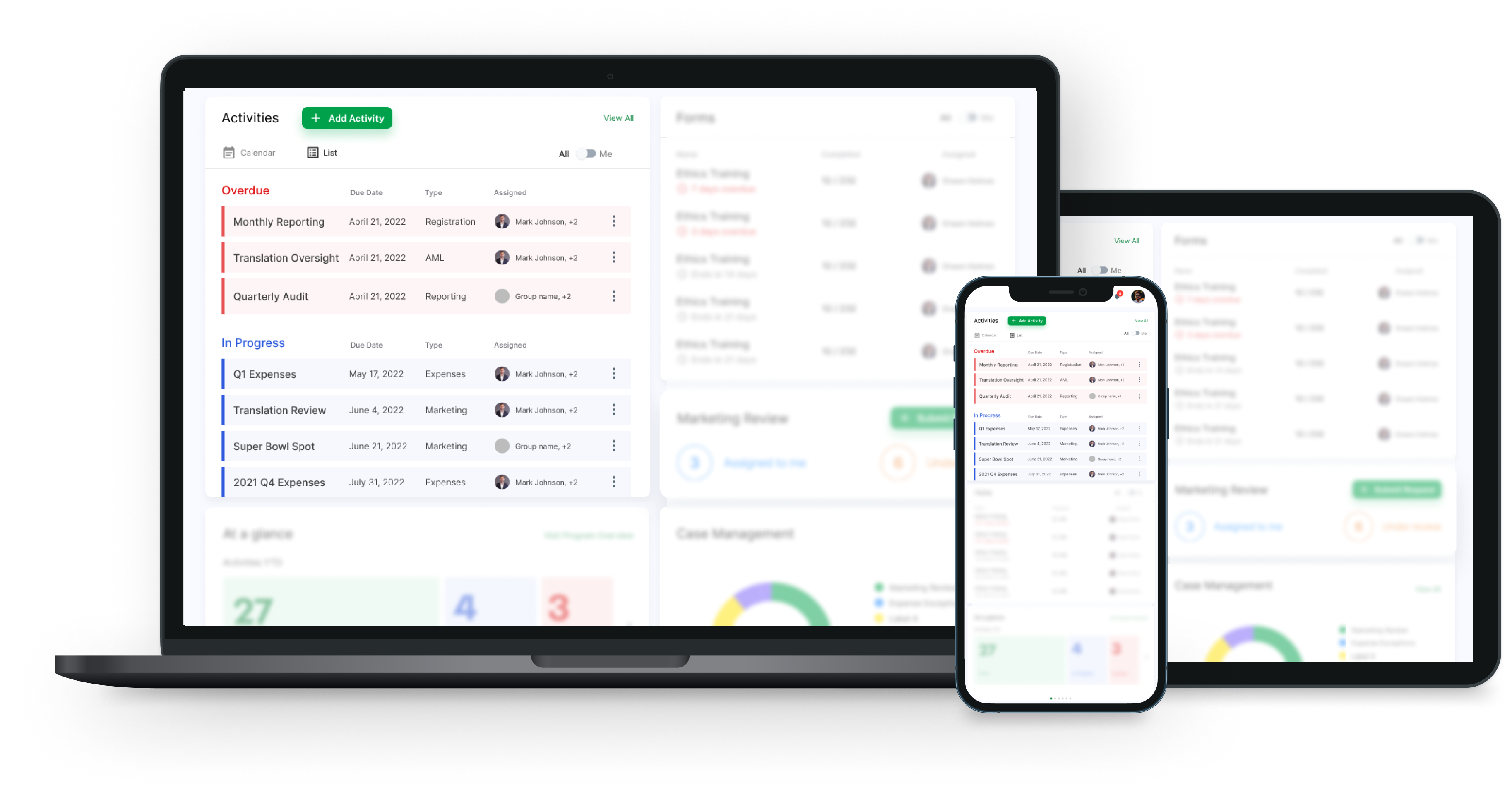 A desktop, tablet, and mobile phone displaying the dashboard of Skematic - a compliance workflow management app.